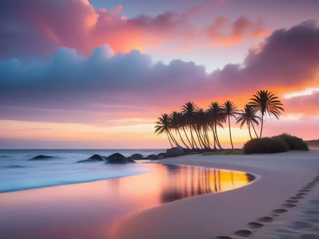 Atardecer sereno en playa de Uruguay con tonos anaranjados y rosados reflejados en el agua tranquila