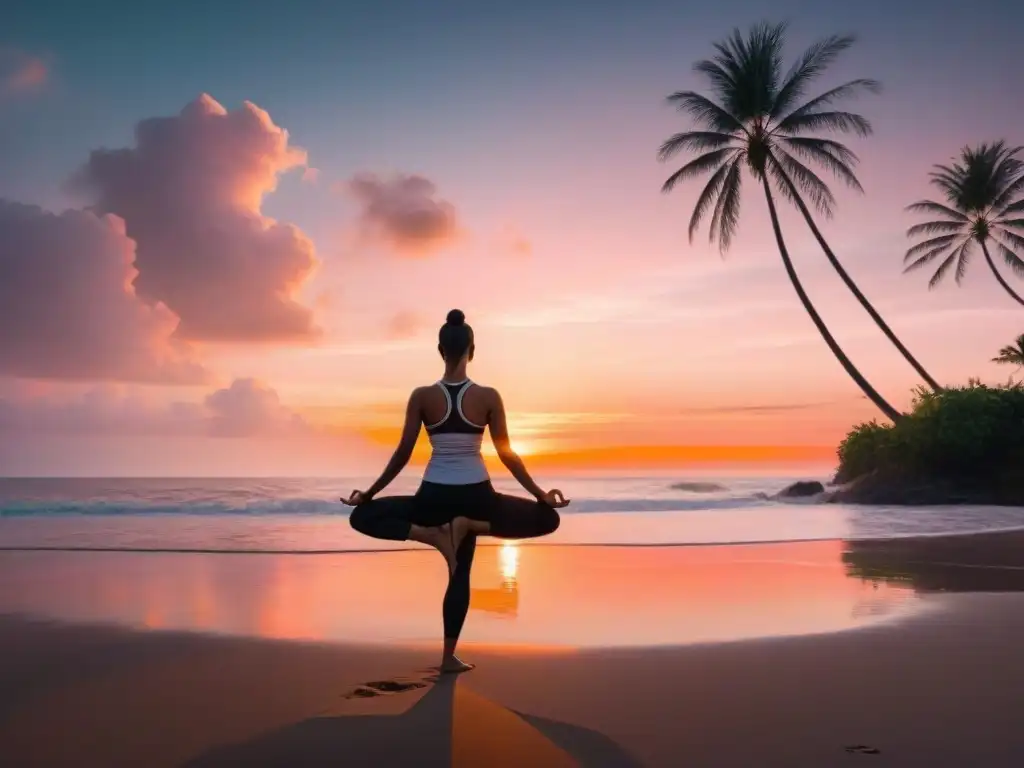 Un atardecer sereno en la playa, con tonos naranjas y rosados vibrantes en el cielo