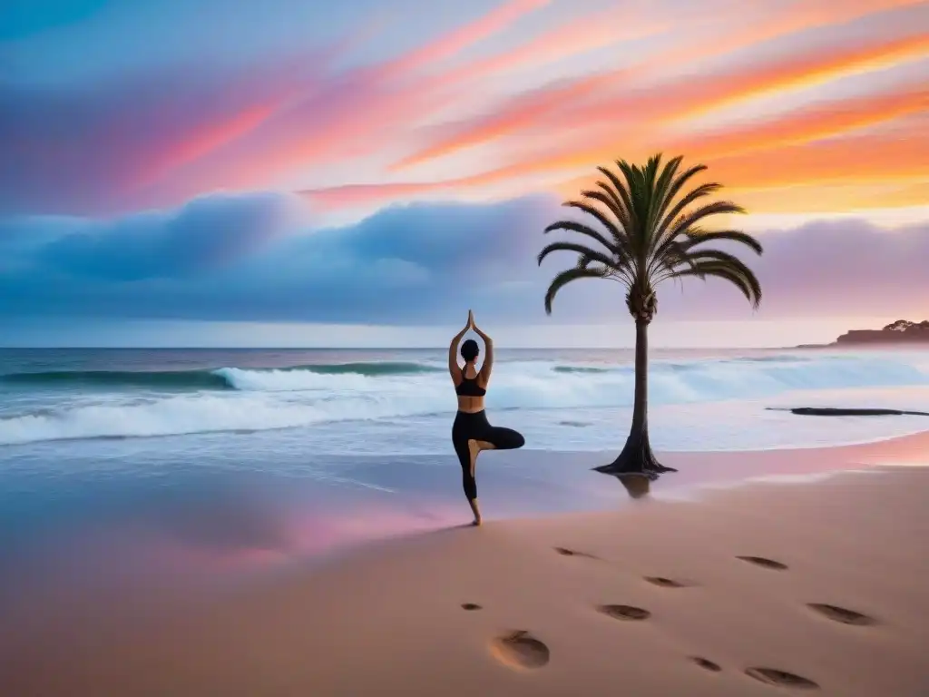 Un atardecer sereno en la playa de Uruguay con tonos naranjas y rosados, arena dorada y una figura practicando yoga