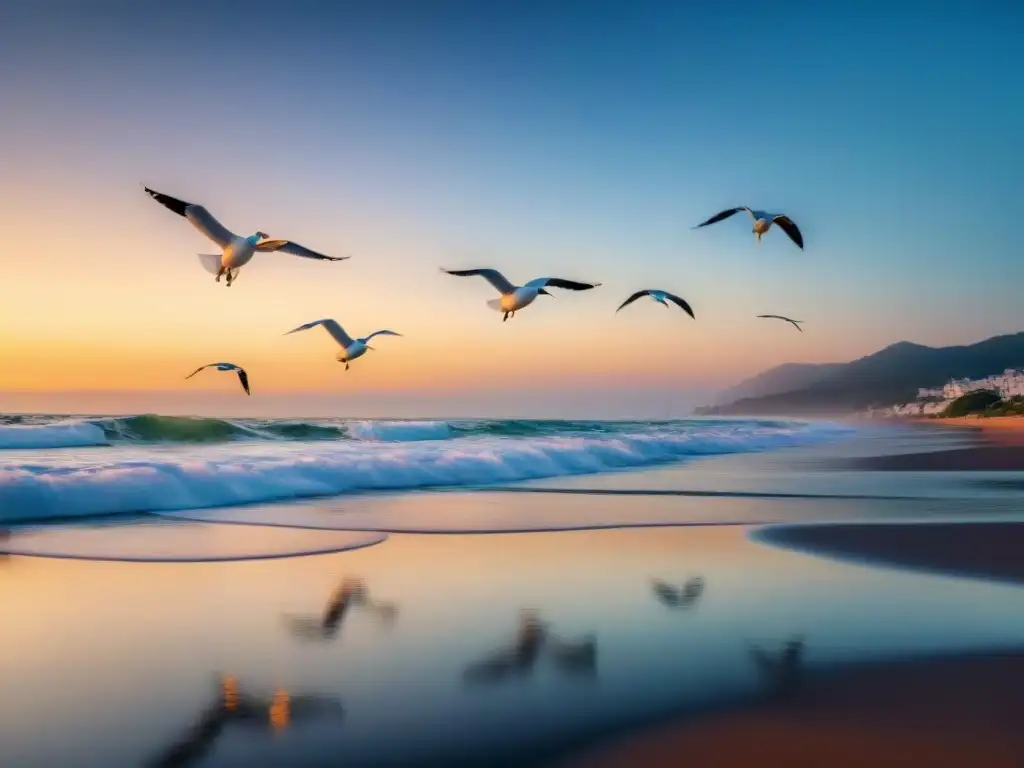 Un atardecer sereno en una playa tranquila, con la luz dorada reflejándose en las olas y gaviotas planeando en el cielo