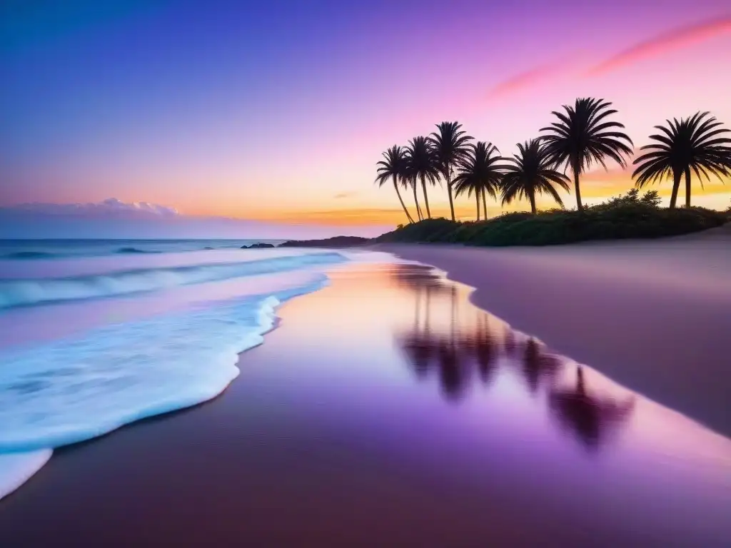 Atardecer sereno en una playa uruguaya, olas calmadas, palmeras meciéndose y cielo pintado en tonos de rosa, naranja y morado