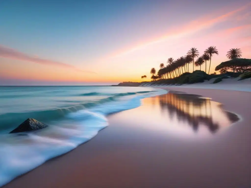 Un atardecer sereno en Punta del Este, Uruguay, con aguas turquesas y arena dorada, palmeras y actividades de bienestar