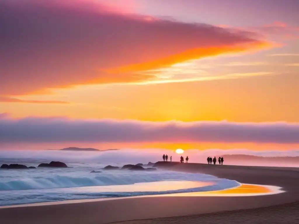 Atardecer sereno en Punta del Este, Uruguay, reflejando tonos naranjas y rosas sobre el océano, con siluetas de personas meditando en la playa