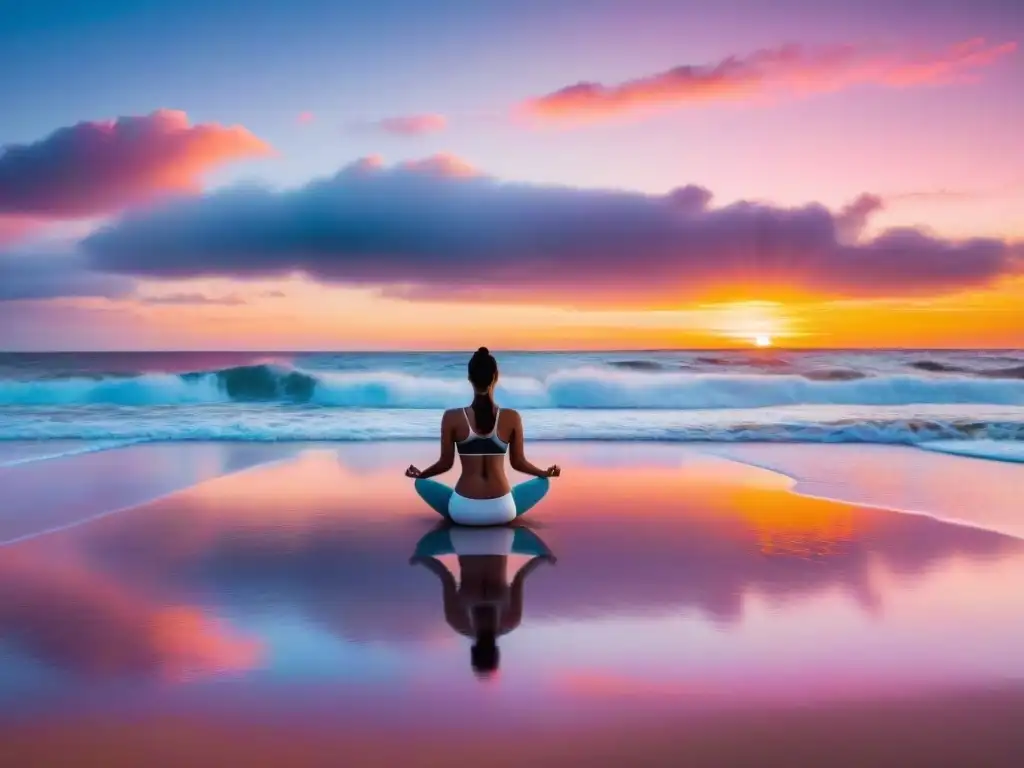 Un atardecer tranquilo en la playa de Punta del Este, Uruguay, con olas suaves, cielo rosa y naranja, y una persona haciendo yoga