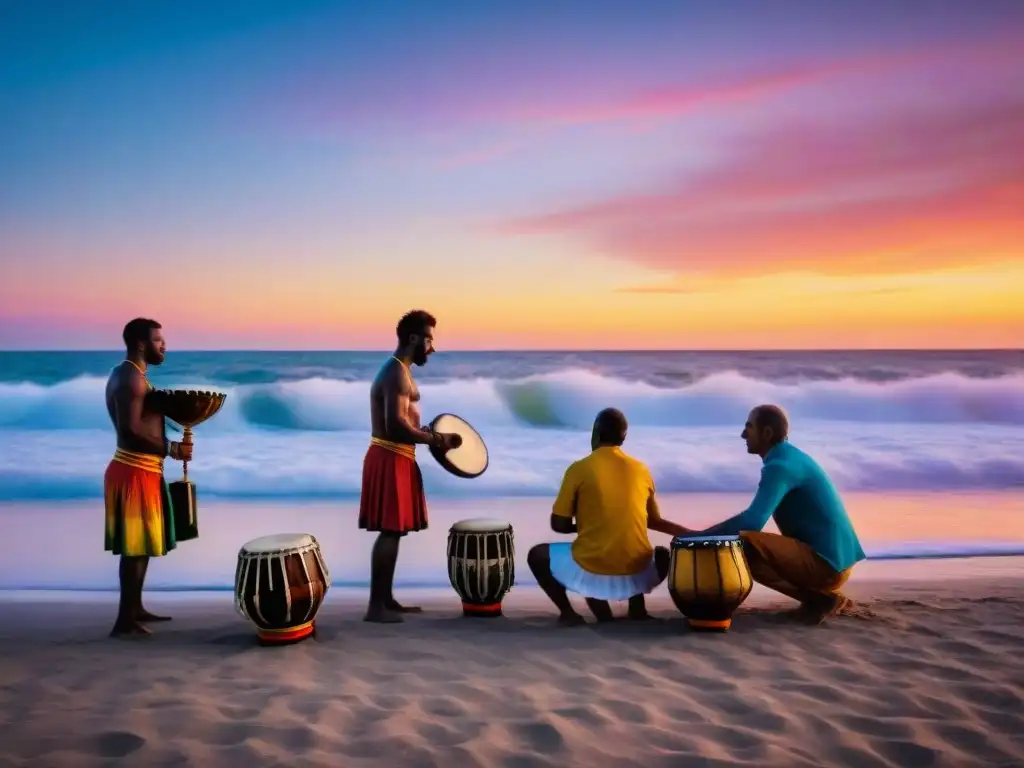 Atardecer tranquilo en la playa de Montevideo con tambores de Candombe y reflejos de colores en el agua