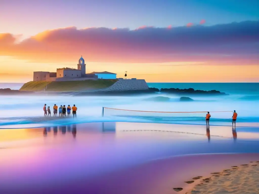 Un atardecer vibrante en la costa de Uruguay con ancianos jugando vóley, reflejando un estilo de vida saludable Uruguay