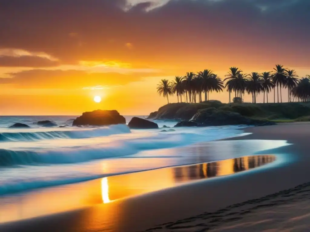 Un atardecer vibrante sobre la costa de Uruguay, con el océano reflejando el cielo dorado, entre palmeras