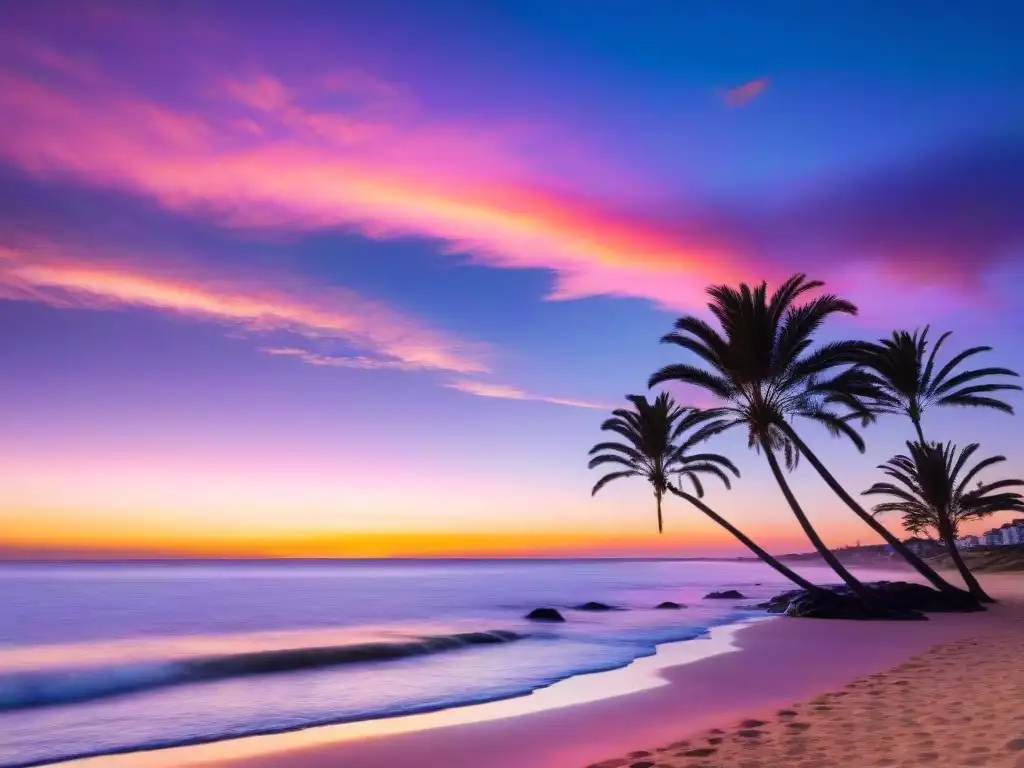 Un atardecer vibrante sobre la costa tranquila de Punta del Este, reflejando la serenidad del clima uruguayo en el estado de ánimo y la salud