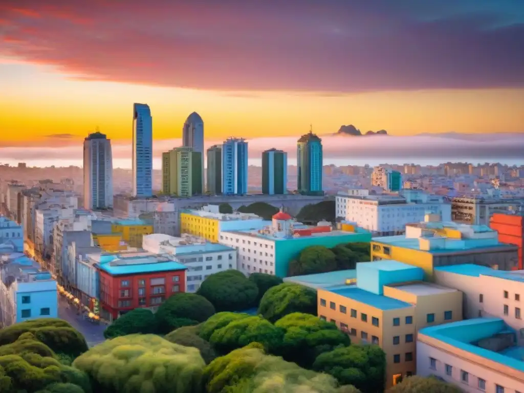 Un atardecer vibrante en Montevideo, Uruguay, con edificios sostenibles y espacios verdes, integrando Softwares Ambientales