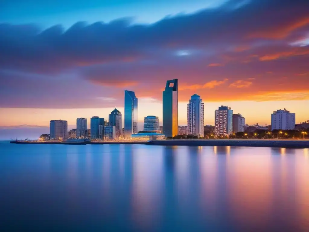 Atardecer vibrante de Montevideo, equilibrio entre rascacielos y naturaleza en el Río de la Plata