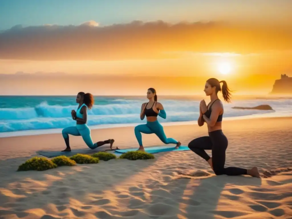 Atardecer vibrante en Uruguay: personas realizando yoga, corriendo y jugando vóley en la playa