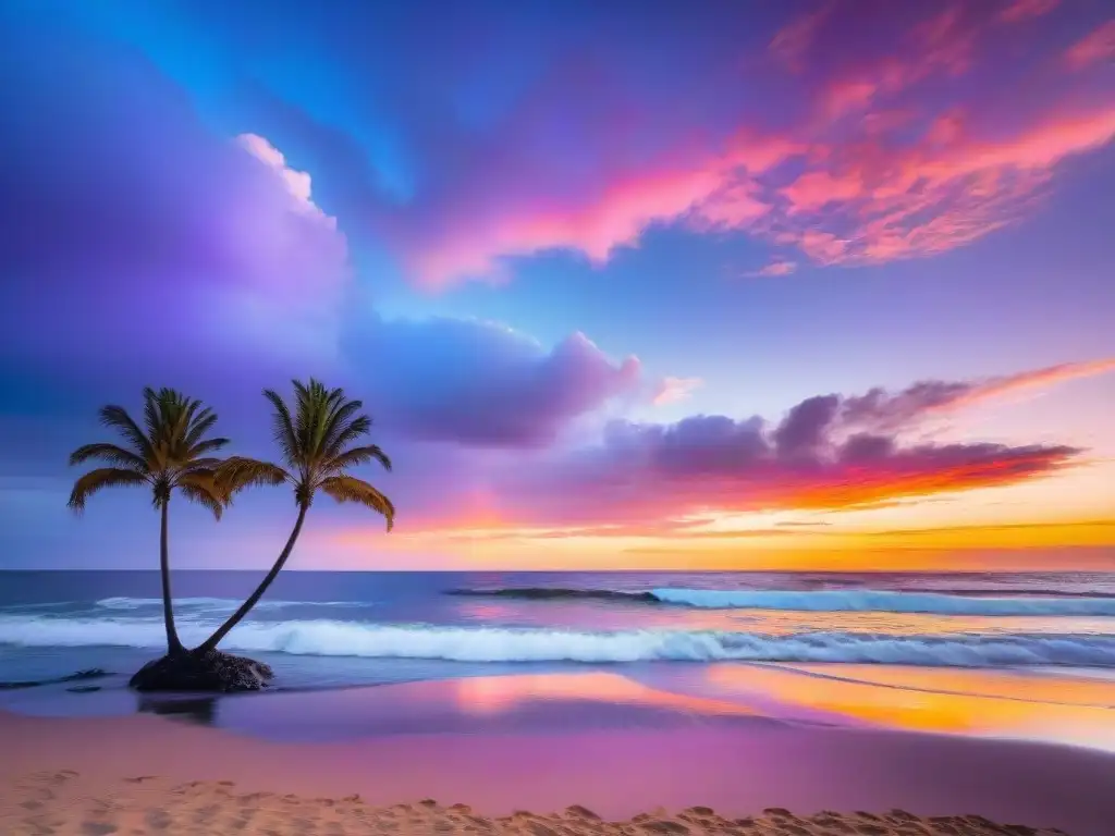 Un atardecer vibrante en la playa de Uruguay, reflejando pasión y calma