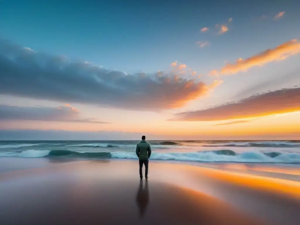 Un atardecer vibrante en una playa de Uruguay, con colores pastel y aguas calmadas, reflejando la tranquilidad y bienestar del clima en Uruguay