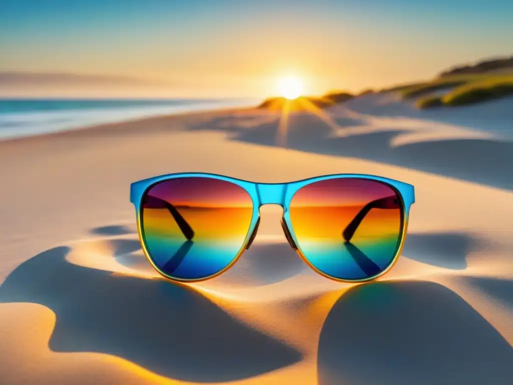 Un atardecer vibrante en una playa uruguaya con lentes de sol reflejantes, simbolizando protección ocular y tranquilidad