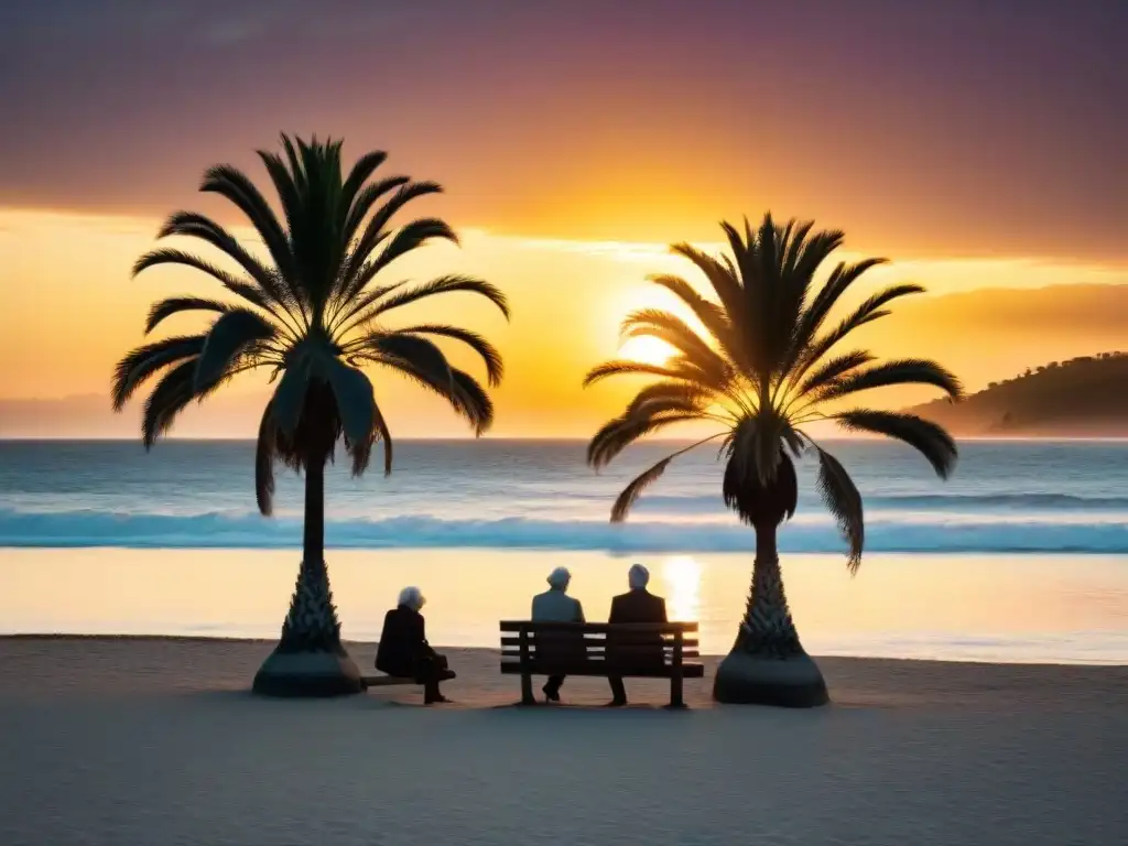 Un atardecer vibrante ilumina una playa en Uruguay, con palmeras y una pareja mayor disfrutando, simbolizando un retiro tranquilo