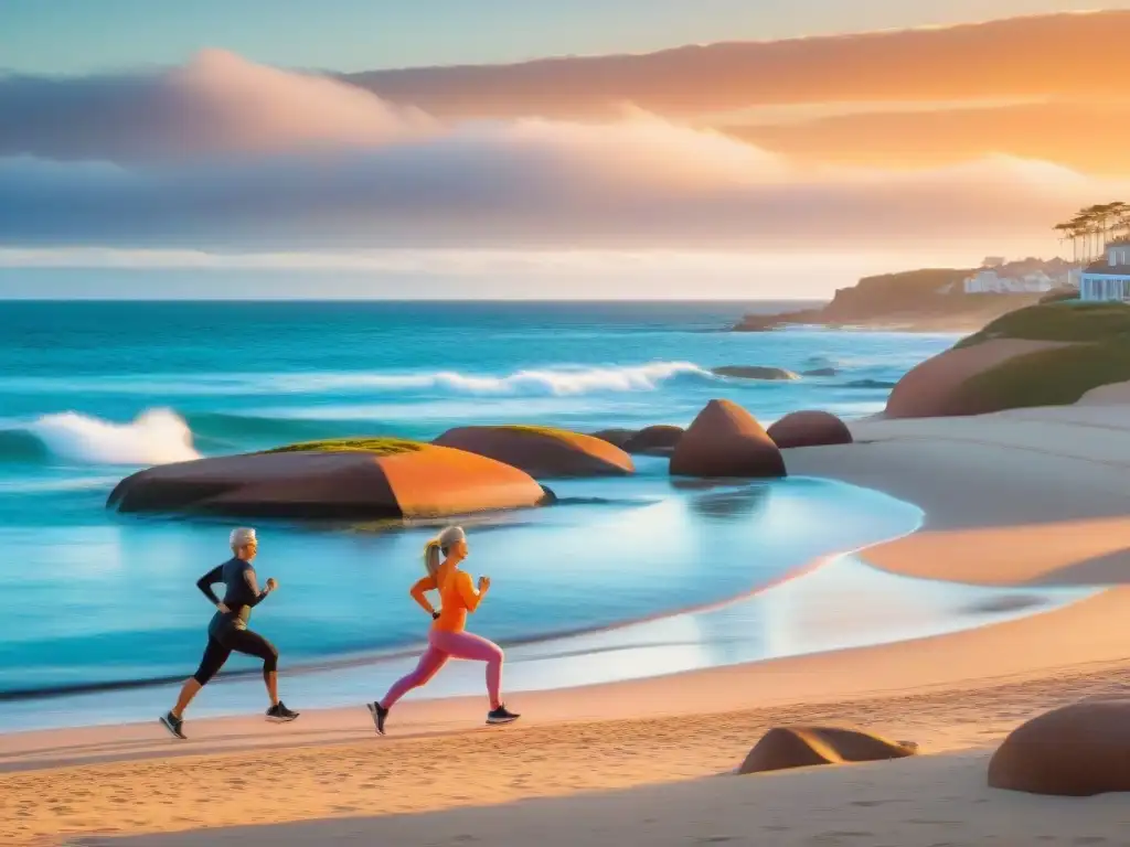 Un atardecer vibrante en Punta del Este con escultura de dedos y personas disfrutando de la dieta uruguaya y entrenamiento integral