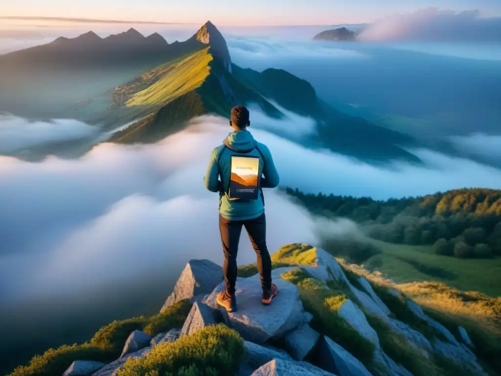 Un atleta en la cima de la montaña con un libro de coaching, simbolizando éxito y crecimiento personal