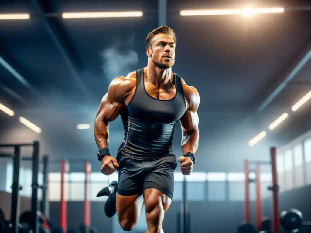 Un atleta saltando con determinación en un gimnasio de alta tecnología