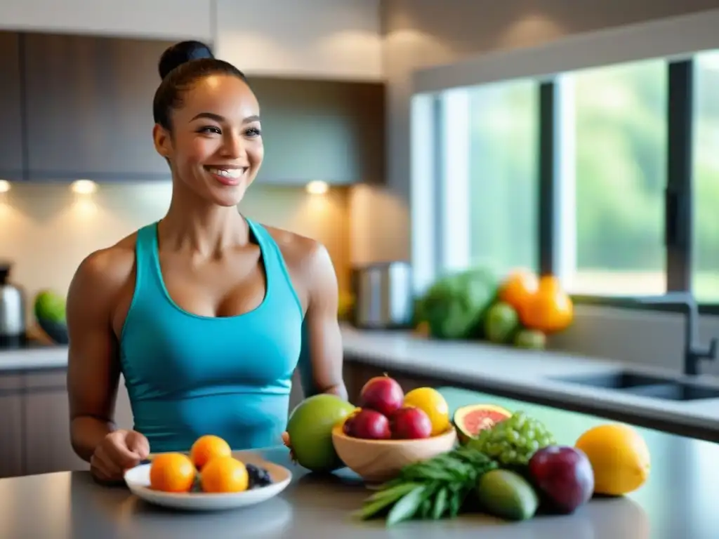 Un atleta local sonriente conversando con un nutricionista, rodeado de alimentos coloridos y saludables