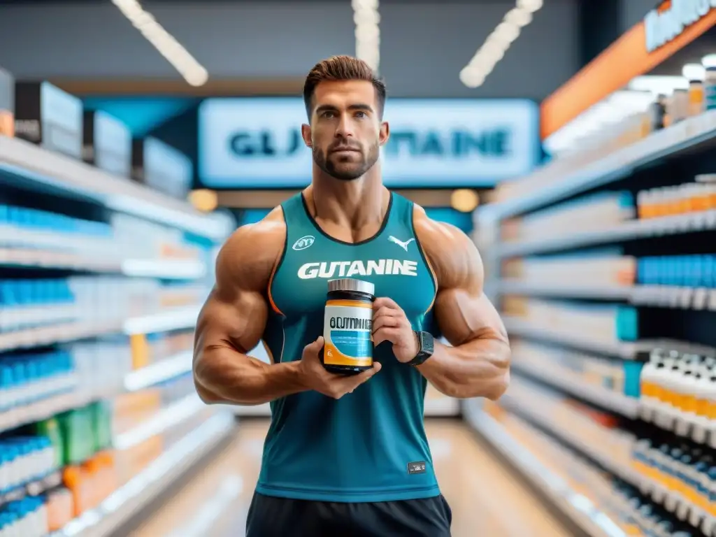 Un atleta profesional en Uruguay, determinado y enfocado, en una tienda de nutrición deportiva moderna, con glutamina