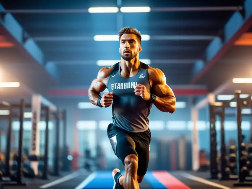 Un atleta profesional en acción, con determinación y enfoque, durante un intenso entrenamiento en un gimnasio moderno