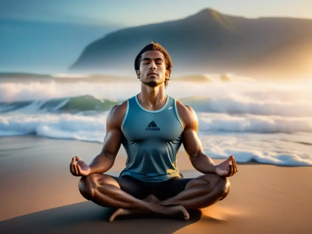 Atleta uruguayo enfocado practica mindfulness en la playa al amanecer, reflejando los beneficios de mindfulness en deportistas uruguayos