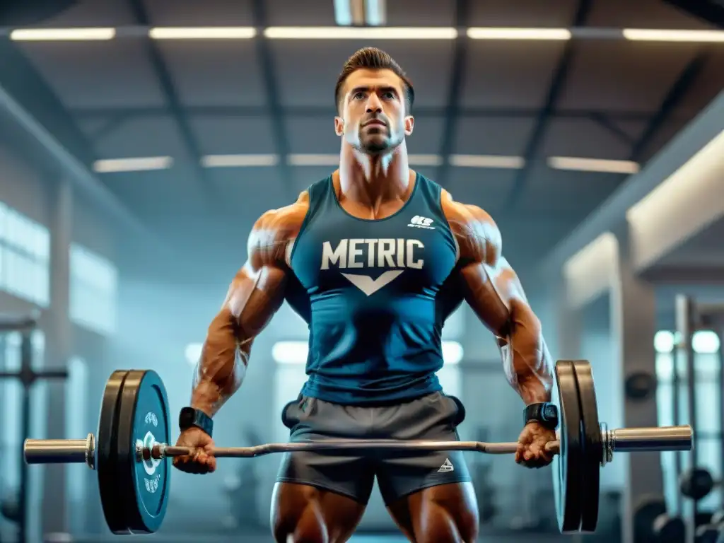 Un atleta uruguayo levanta pesas en un gimnasio moderno, mostrando los beneficios de la creatina