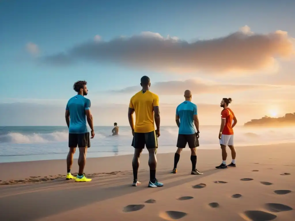 Atletas uruguayos practicando mindfulness en la playa al atardecer, destacando los beneficios de mindfulness en deportistas uruguayos