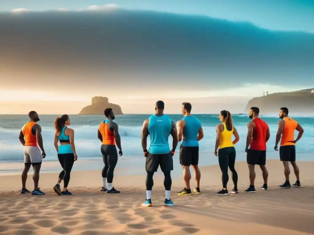 Atletas en vibrante entrenamiento al atardecer en playas de Uruguay con 'Ingredientes clave preentrenamiento Uruguay'