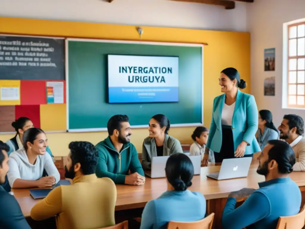 Un aula moderna llena de diversidad y colaboración, donde migrantes en Uruguay participan en programas educativos de integración