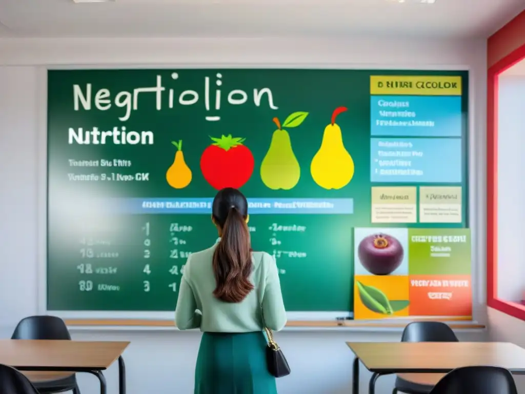 Un aula moderna y vibrante en Uruguay con estudiantes diversos discutiendo hábitos de alimentación saludable, nutrición integral en Uruguay