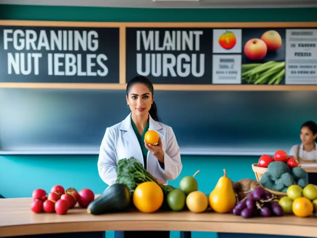 Un aula vibrante y moderna en Uruguay con diversidad de estudiantes involucrados en una lección de nutrición práctica