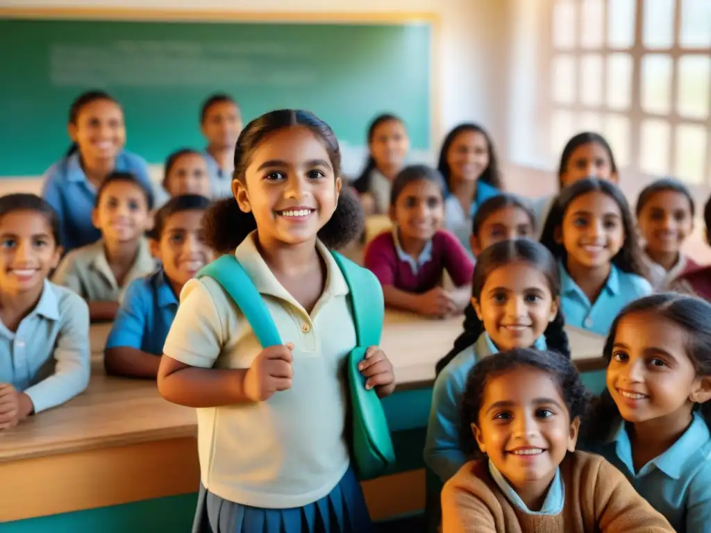 Un aula vibrante en Uruguay con niños migrantes, aprendiendo juntos con entusiasmo y diversidad cultural