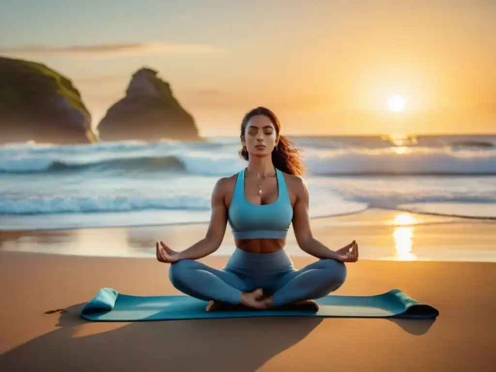 Autocuidado y bienestar mental en Uruguay: Persona practicando yoga en una hermosa playa al atardecer