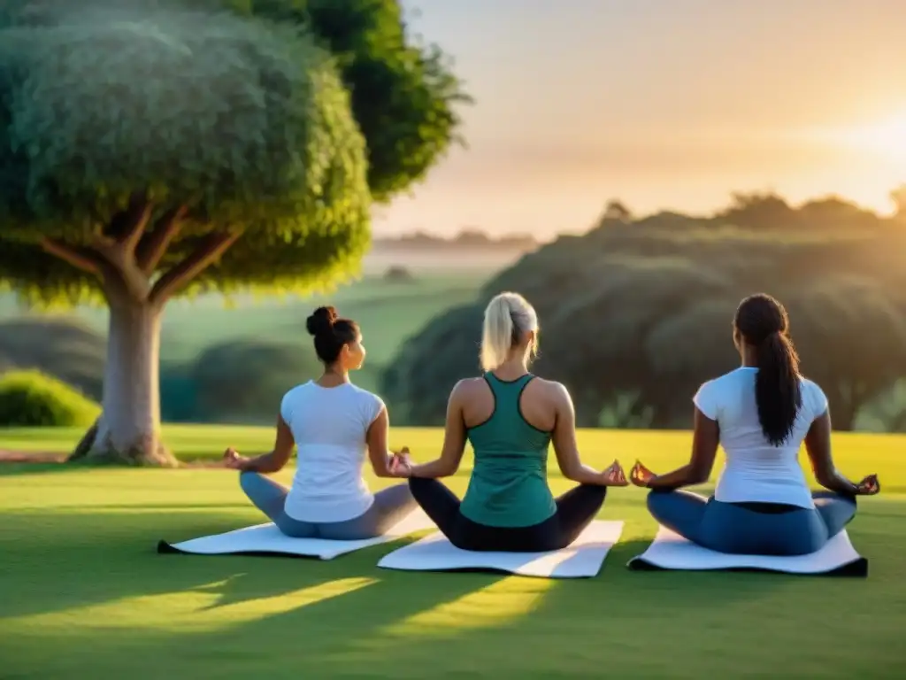 'Autocuidado integral en Uruguay: Grupo diverso disfrutando actividades al aire libre en un parque verde al atardecer