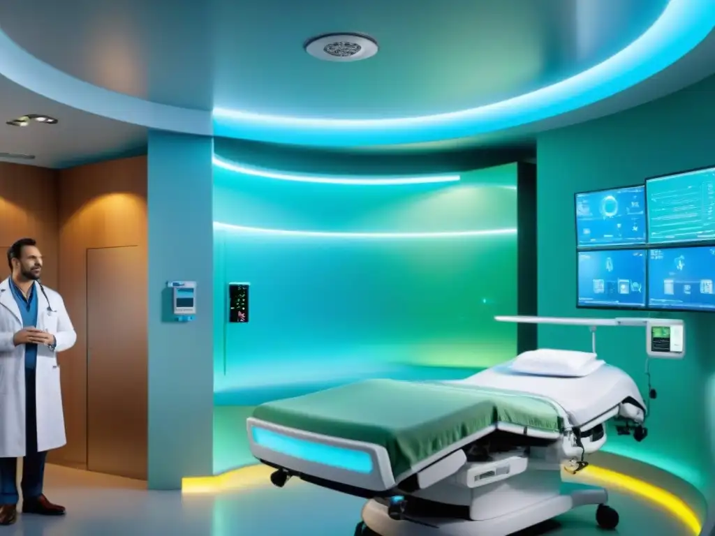 Avances tecnológicos en manejo enfermedades crónicas Uruguay: Futurista sala hospitalaria con equipo médico de vanguardia e inteligencia artificial