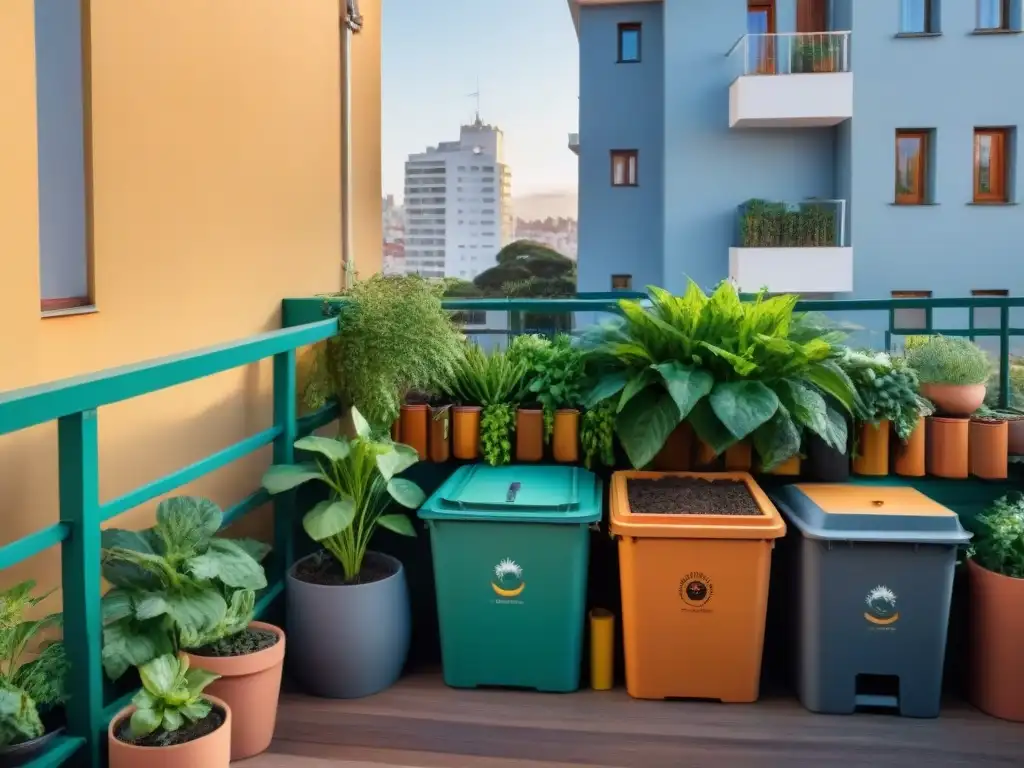 Un balcón urbano en Uruguay con compostaje, plantas y contenedores reciclaje, reflejando sostenibilidad y belleza