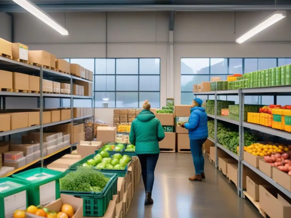 Banco de alimentos en Uruguay: voluntarios ordenan alimentos en almacén iluminado y colorido