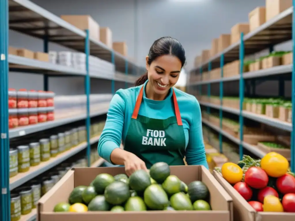 Un banco de alimentos moderno en Uruguay con voluntarios organizando alimentos, mostrando solidaridad y trabajo comunitario