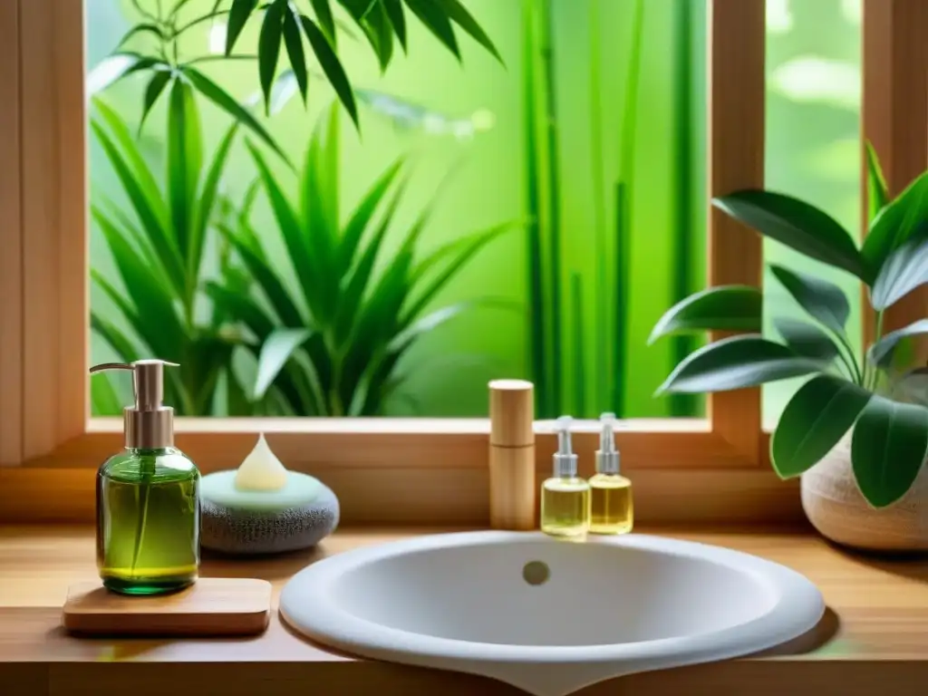 Un baño sostenible y relajante con plantas verdes colgantes, productos ecofriendly y una luz cálida