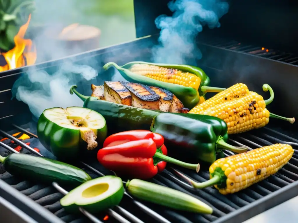 Una barbacoa saludable en Uruguay: coloridas verduras a la parrilla con hierbas frescas y aceite de oliva, en un entorno sereno al aire libre