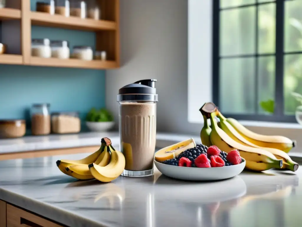 Batido de proteínas: cocina moderna y frescura Preparando batido de proteína casero con ingredientes frescos en cocina moderna