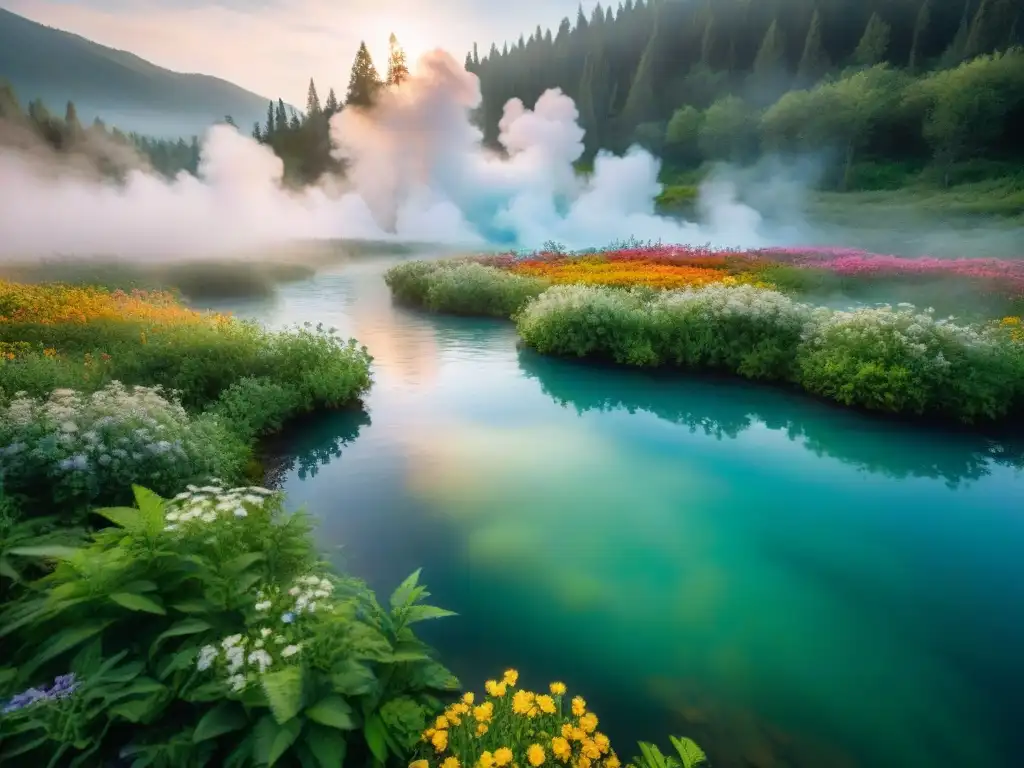 Beneficios de aguas termales para la piel en un paisaje sereno y rejuvenecedor de bosque verde y manantial cristalino