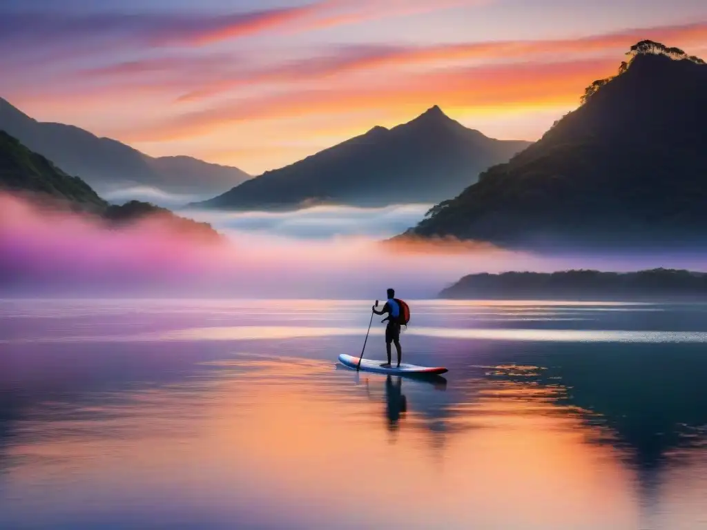 Disfruta de los beneficios del paddle surf en Laguna Garzón al atardecer, con una vista serena y vibrante