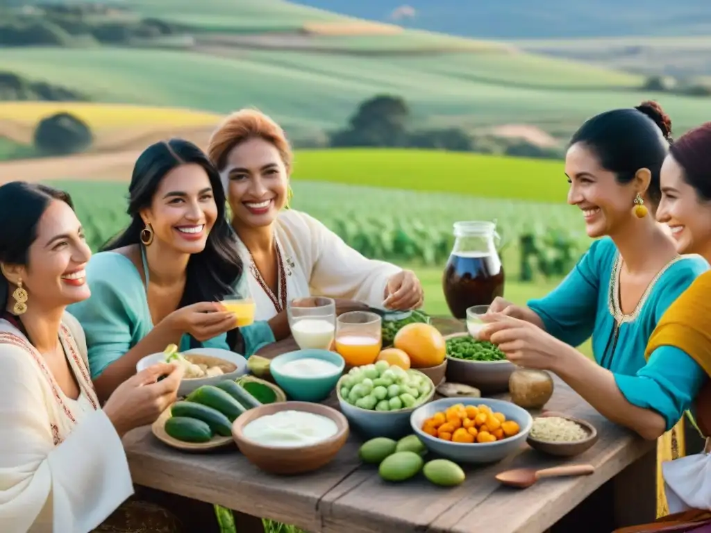 Celebrando los beneficios probióticos de la dieta uruguaya en comunidad, con colores vibrantes y detalles intrincados