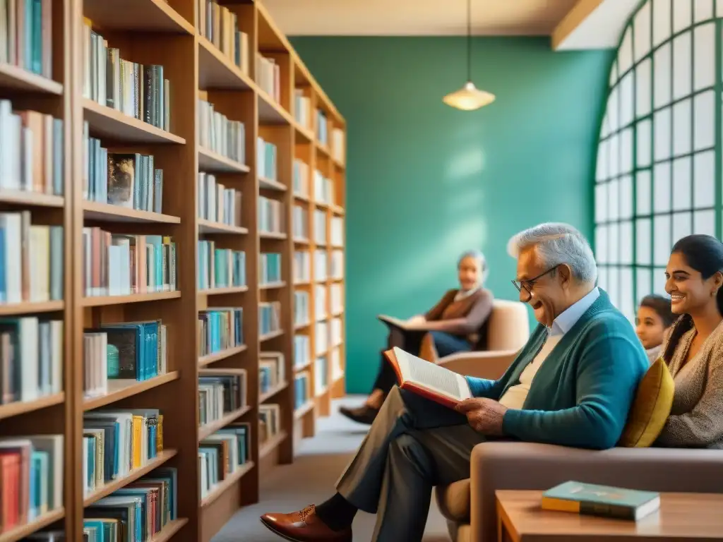 Una biblioteca acogedora en Uruguay con personas de todas las edades y fondos leyendo, resaltando la Importancia de la lectura en Uruguay