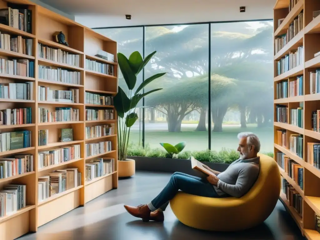 Una biblioteca moderna y acogedora en Uruguay, llena de luz natural y personas de diversas edades y orígenes disfrutando de la lectura