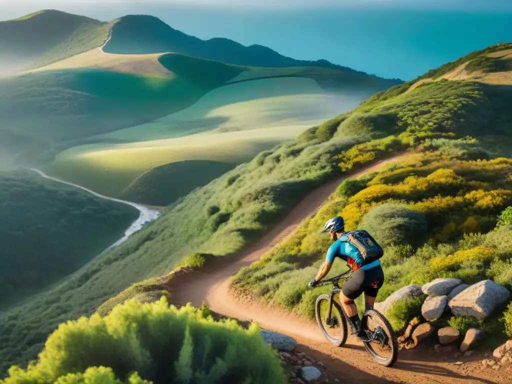 Biciclista desafiando sendero montañoso en Uruguay