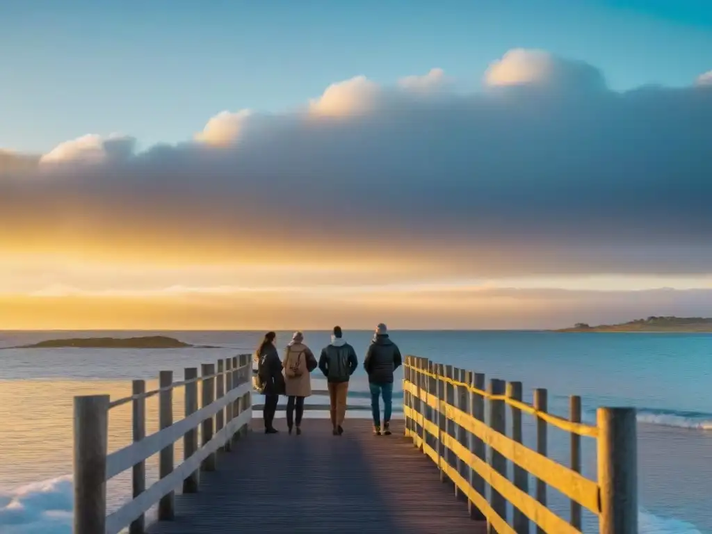 Conexión social y bienestar en Uruguay: Atardecer sereno en la costa con personas conversando en un muelle