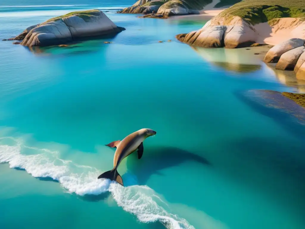 Bienestar integral en Uruguay: Majestuosos leones marinos nadan en aguas turquesas al atardecer en Cabo Polonio, Uruguay